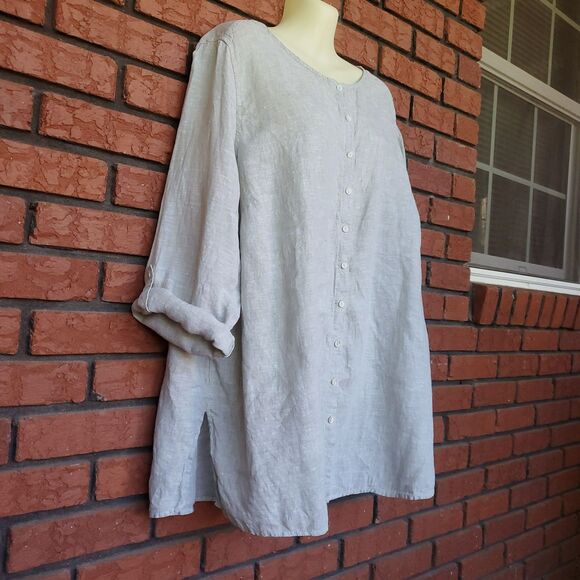 Tahari 100% Linen Tunic Top Sz 2X Button Front Roll Tab Sleeve Light Sage Green - Picture 2 of 9